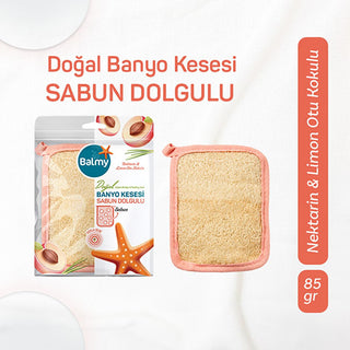 Balmy Nektari Soap-Filled Loofah Bath Sponge: Natural Exfoliating Loofah with Nectarine & Lemongrass - Deep Cleansing, Skin Renewal Balmy Nektari Soap Loofah: Exfoliating Bath Sponge - Natural Cleanse bath loofah, soap filled loofah, natural exfoliating loofah, nectarine lemongrass soap, natural bath soap, exfoliating bath sponge, deep cleansing loofah, Balmy Nektari, bath scrubber, skin renewal, bath sponge, exfoliating sponge, natural soap, loofah, body scrub, shower, cleansing, exfoliation, skincare, per