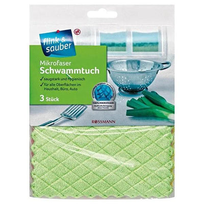 Flink & Sauber 3-Pack Microfiber Cleaning Sponge Cloth - Effective Multi-Surface Cleaning Tool, Machine Washable, 6.69 x