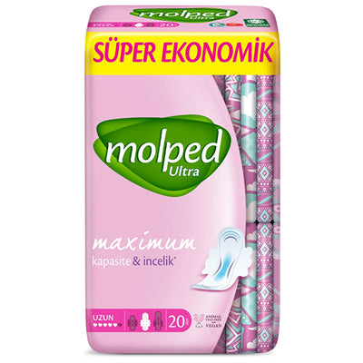 Molped Ultra Absorbent Long Hygienic Pads: Super Economy 20-Count Pack | Cottony Soft, Hypoallergenic Feminine Hygiene f