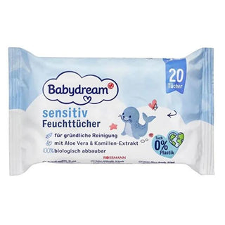 Babydream Aloe Vera & Chamomile Baby Wipes - Gentle, Vegan, & Dermatologically Tested for Sensitive Skin (20 Count) Babydream Aloe & Chamomile Baby Wipes - Gentle Vegan Cleansing baby wipes, aloe vera baby wipes, chamomile baby wipes, vegan baby wipes, sensitive skin baby wipes, dermatologically tested baby wipes, baby cleansing wipes, infant wipes, gentle baby wipes, climate neutral baby wipes, baby care, skincare, diaper change, gentle cleansing, moisturizing, soothing, calming, vegan, climate neutral, de