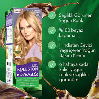 Wella Koleston Naturals Hair Color 8/0, Wella hair color packaging with instructions, Hair color components with coconut oil care, Before and after results of hair coloring Wella Koleston Naturals Hair Color - Light Brown 8/0 for Women 16+ Wella Koleston Naturals Light Brown Hair Color wella-hair-color, light-brown-hair-dye, hair-color-for-women, coconut-oil-hair-care, lasting-color, hair-coloring-kit, natural-hair-color, allergic-reaction-test, ai-generated, wella-koleston