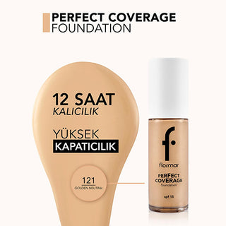 Flormar Perfect Coverage Foundation 121 Golden Neutral - Long-Lasting, SPF 15 Foundation for All Skin Types Flormar Perfect Coverage Foundation - Long-Lasting & SPF 15 long-lasting foundation, SPF 15 foundation, Flormar Perfect Coverage Foundation, foundation for all skin types, makeup with skincare benefits, cosmetic, beauty product, skincare makeup, daily wear makeup, special occasion makeup, almond oil benefits, olive oil extracts, flawless coverage, nourishing foundation