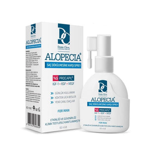 alopecia anti hair loss dermal spray 60 ml bottle, person applying hair loss spray Alopecia Anti Hair Loss Dermal Spray - 60 ml Alopecia Anti Hair Loss Spray | 60 ml alopecia, hair-loss, hair-care, scalp-treatment, procapil, anti-hair-loss, dermal-spray, hair-thinning, individuals-with-alopecia, ai-generated