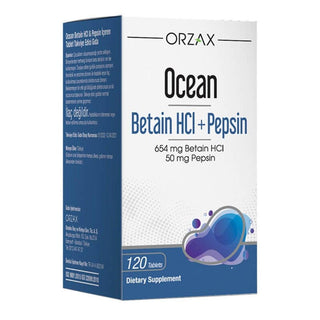 Ocean Digestive Supplement - Betain HCl + Pepsin 120 Tablets for Stomach Acid Support Ocean Betain HCl + Pepsin for Digestive Health Digestive Supplement, Betain HCl, Pepsin, Digestive Enzyme, Stomach Acid Support, Gut Health, Digestive Health, Nutrient Absorption, Bloating Relief, Acid Deficiency, Enzyme Supplementation