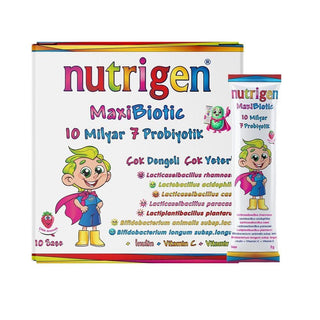 Nutrigen Maxibiotic Probiotic Supplement - 10 Sachets - Supports Gut Health & Immune System Nutrigen Maxibiotic Probiotic Supplement - Gut Health Support probiotic supplement, digestive health, gut health support, prebiotic and probiotic, Vitamin C and D supplement, health and wellness, strawberry flavor, sachet, single-use powder, immune system support