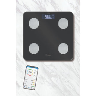 kiwi smart bathroom scale black kbs-1085 front view, kiwi smart bathroom scale black kbs-1085 display Kiwi Smart Bathroom Scale - Black KBS-1085 | Max Weight 396 lb Kiwi Smart Bathroom Scale - Black KBS-1085 kiwi, bathroom-scale, smart-scale, fitness, weight-management, body-analysis, health, adult-fitness, ai-generated, black-scale