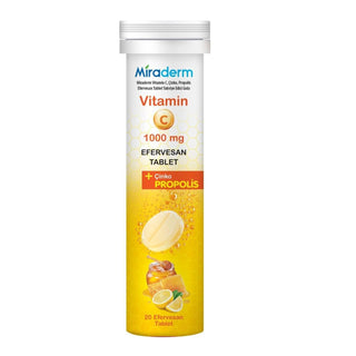 miraderm effervescent tablets with vitamin c and zinc, front view of miraderm propolis vitamin c zinc tablets pack, tablets dissolving in water with lemon and honey Miraderm Propolis Vitamin C & Zinc - Effervescent Tablets | 20 Count Miraderm Propolis Vitamin C & Zinc Tablets | 20 Count miraderm, effervescent-tablets, vitamin-c, zinc, propolis, immune-support, health-supplements, dietary-supplements, natural-flavor, ai-generated