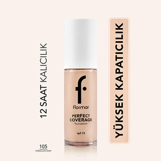 Flormar Perfect Coverage Foundation 105 Porcelain Ivory: Flawless Finish, 12-Hour Wear, and SPF 15 Protection Flormar Foundation: Perfect Coverage, Long Lasting & SPF 15 full coverage foundation, long lasting foundation, foundation with almond oil, foundation with SPF, makeup for all skin types, Flormar foundation, flawless finish foundation, porcelain ivory foundation, 12 hour foundation, liquid foundation, makeup, cosmetics, beauty, skincare, almond oil, olive oil, SPF 15, even skin tone, blemish coverage