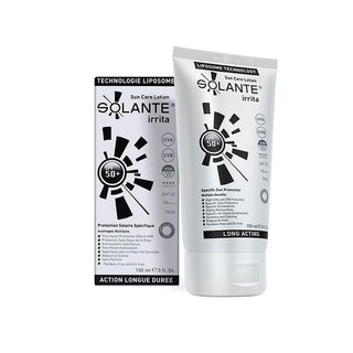 solante sunscreen irritable 150ml bottle, solante sunscreen texture on hand, model applying solante sunscreen Solante Sunscreen Irrita SPF 50+ - Special Sun Protection | 150 ml Solante Sunscreen - Irrita SPF 50+ | 150 ml sunscreen, solante, spf-50, sensitive-skin, anti-aging, skin-care, irritant-protection, water-resistant, non-greasy, ai-generated