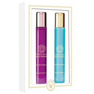 Versace The Dylan Collection Travel Spray Duo for Women - Luxury Fragrance Gift Set Versace Dylan Travel Spray Duo - Luxury Fragrance Set for Women Versace Dylan fragrance set, travel perfume duo, women's luxury fragrances, Dylan Purple Pour Femme, Dylan Turquoise Eau de Toilette, luxury fragrance gift set, travel-sized fragrances, Versace gift for her, perfume travel set, women's perfume duo, luxury travel accessories
