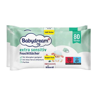 Babydream Baby Wipes for Sensitive Skin - Aloe Vera, Vegan, Hypoallergenic, DAAB Approved - 2*80 Count Babydream Baby Wipes for Sensitive Skin - Aloe Vera, Vegan baby wipes, sensitive skin care, aloe vera baby wipes, vegan baby products, dermatologically tested baby care, hypoallergenic baby wipes, DAAB approved baby products, gentle baby care, natural baby products, cruelty-free baby wipes