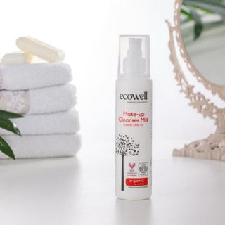 ecowell make-up cleansing milk bottle, ecowell cleansing milk application on cotton pad Ecowell Make-Up Cleansing Milk - Gentle Cleanser | 200 ml Ecowell Make-Up Cleansing Milk - Gentle Cleanser | 200 ml ecowell, make-up-cleansing-milk, gentle-cleanser, sensitive-skin, organic-skincare, beauty, moisturizing, cleanser, ai-generated, makeup-remover