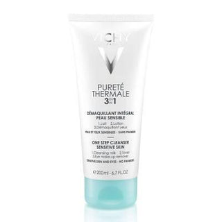 vichy purete thermale 3-in-1 cleanser bottle, vichy 3-in-1 cleanser application on cotton pad Vichy Purete Thermale 3-in-1 Cleanser - Effective Skincare | 200ml Vichy Purete Thermale 3-in-1 Cleanser 200ml vichy, cleanser, skincare, makeup-remover, hydrating-cleanser, daily-cleanser, dermatologically-tested, oil-free, hypoallergenic, ai-generated