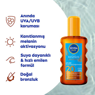 NIVEA Sun SPF20 Tanning Sunscreen Body Spray: UVA/UVB Protection, Natural Bronze, Water Resistant - Hydrate & Protect While You Tan! NIVEA Sun SPF20 Tanning Spray: Get a Bronze Glow & Protection sunscreen, tanning spray, SPF20 sunscreen, bronzing sunscreen, water resistant sunscreen, UVA UVB protection, sun protection for tanning, body sunscreen spray, melanin activating sunscreen, NIVEA sun spray, sun protection, tanning, bronzer, body spray, water resistant, sweat resistant, UVA protection, UVB protection