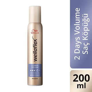 wella wellaflex extra strong hold mousse 200 ml, wella hair mousse packaging with vegan label, styling application of wellaflex hair mousse Wella Wellaflex 2 Days Volume - Extra Strong Hold Hair Mousse for Vegan Users | 200 ml Wella Wellaflex 2 Days Volume Extra Strong Hold Foam wella, hair-mousse, extra-strong-hold, vegan, hairstyling, volume, hair-care, thick-hair, smooth-hair, ai-generated