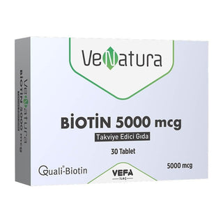 VeNatura Biotin 5000 mcg 30 Tablets - Vegan, Gluten-Free Dietary Supplement for Hair, Skin, and Nail Health VeNatura Biotin 5000 mcg - Vegan, Gluten-Free Hair, Skin, Nail Support biotin supplement, vegan biotin, 5000 mcg biotin, gluten-free dietary supplement, GMO-free supplement, hair growth support, skin health, nail care, vegan dietary supplement, dietary supplement, hair strengthening, healthier skin, nail health, cruelty-free, vegan-friendly, made in Turkey