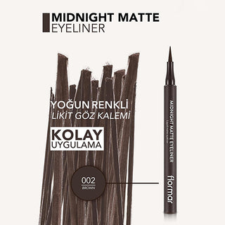 Flormar Midnight Matte Eyeliner - Long-Lasting Liquid Eyeliner for Intense Color Flormar Midnight Matte Eyeliner - Precise & Long-Lasting Flormar Midnight Matte Eyeliner, Liquid eyeliner, Matte eyeliner, Long-lasting eyeliner, High-pigment eyeliner, Makeup, Eye makeup, Cosmetics, Beauty products, Eyeliner, Liquid makeup, Matte finish, Precision eyeliner, Dramatic eye look, Smudge-proof, Long-wear makeup