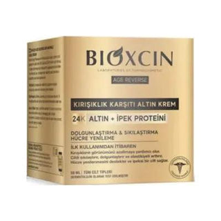 Bioxcin Age Reverse Anti-Aging Gold Cream 50 ml, Close-up of Bioxcin Age Reverse Cream texture, Bioxcin Age Reverse Cream packaging Bioxcin Age Reverse Cream - Anti-Aging Gold Formula | 50 ml Bioxcin Age Reverse Cream - Anti-Aging Gold Formula | 50 ml bioxcin, age-reverse, anti-aging, gold-cream, skincare, wrinkle-reduction, hydrating-cream, luxury-skincare, ai-generated, facial-moisturizer