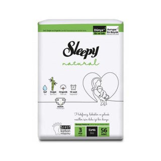 Sleepy Natural Baby Diapers Size 3 (Midi) - 56 Count (4-9 kg) | Organic Cotton, Bamboo, Hypoallergenic, Up to 14 Hour Dryness Sleepy Natural Baby Diapers - Size 3 Organic, Hypoallergenic baby diapers, size 3 diapers, midi diapers, 4-9 kg diapers, newborn diapers, organic cotton diapers, bamboo diapers, hypoallergenic diapers, sensitive skin diapers, nighttime diapers, baby, diapers, organic, cotton, bamboo, natural, wetness indicator, navel cavity, ultra sensitive, velcro, overnight diapers, jumbo pack, bab