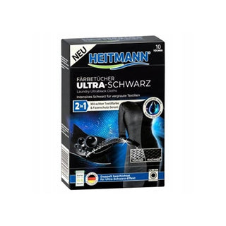heitmann ultra black color protecting wipes 10 pack, packaging of heitmann color protecting wipes, wipes combined with dark laundry Heitmann Ultra Black Color Protecting Wipes - Revitalize Faded Clothes | 10 Pack Heitmann Ultra Black Color Protecting Wipes - 10 Pack heitmann, color-protecting-wipes, laundry-care, dark-clothes, clothing-maintenance, washing-supplies, laundry-wipes, ai-generated, stain-removal, fabric-care