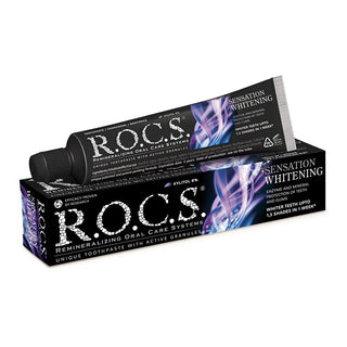 Rocs Sensation White: Teeth Whitening Toothpaste for Stain Removal & Brighter Smile - Enzyme-Powered, Extra Polishing Action Rocs Whitening Toothpaste - Whiter Teeth, Stain Removal teeth whitening toothpaste, whitening toothpaste, teeth whitening, plaque removal toothpaste, brightening toothpaste, Rocs whitening toothpaste, Rocs teeth whitening, enzyme teeth whitening, best whitening toothpaste, teeth stain removal, Rocs toothpaste, plaque removal, teeth stain removal, brighter smile, dental care, oral hygi
