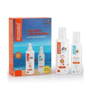Dermoskin Sunscreen and After Sun Lotion Set - SPF 50+ Protection for Family Dermoskin SPF 50+ Sunscreen & After Sun Lotion Set Sunscreen SPF 50+, Family sun protection, After sun lotion, Water-resistant sunscreen, Dermoskin sun care, Sun protection for kids, Sun protection for adults, Cooling after sun lotion, Safflower oil, Aloe vera, Paraben-free, Colorant-free, Sensitive skin care, Outdoor protection, Summer skin care, Family skincare, Skin protection, Hydrating after sun lotion, Silky sunscreen texture