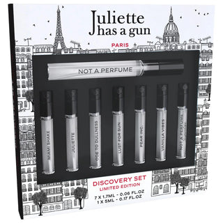 Juliette Has a Gun Perfume Discovery Set: Sample 8 Unique Fragrances | Layerable Scents, Find Your Signature Scent, Allergen-Friendly Options Juliette Has a Gun Perfume Set: Discover Your Signature Scent perfume discovery set, fragrance sample set, Juliette Has a Gun, layering perfumes, mini perfume set, Not a Perfume, gourmand fragrance, floral perfume, vanilla perfume, allergen free perfume, perfume set, fragrance set, sample set, fragrance sampler, perfume sampler, women's perfume, travel perfume, gift f