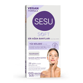 sesu soft wax strips packaging, close up of sesu wax strips, application of sesu soft wax strips on skin Sesu Soft Wax Strips 12 Count - Ideal for Sensitive Skin | Perfect for Face Areas Sesu Soft Wax Strips - 12 Count for Smooth Skin susu-soft-wax-strips, face-waxing, sensitive-skin-care, hair-removal-strip, skincare, smooth-skin, easy-waxing, effortless-hair-removal, ecocert-oat-oil, ai-generated