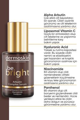 dermoskin be bright arbutin complex serum bottle, dermoskin serum applied on skin Dermoskin Be Bright Arbutin Complex Serum - 30ml Dermoskin Be Bright Serum - Arbutin Complex 30ml dermoskin, arbutin-serum, skincare, brightening-serum, anti-aging, skin-tone-evening, hyaluronic-acid, vitamin-c-serum, niacinamide, ai-generated