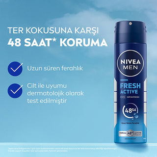 NIVEA MEN Fresh Active Men's Deodorant Spray - 48 Hour Protection, Oceanic Scent, Aluminum-Free NIVEA MEN Fresh Active Deodorant Spray - 48 Hour Protection Men's Deodorant Spray, Long-lasting Deodorant, NIVEA MEN Fresh Active, Aluminum-free Deodorant, Oceanic Scent Deodorant, 48-hour Deodorant Protection, Men's Grooming, Personal Care, Freshness, Confidence, Derma Active Protection, NIVEA INFINIFRESH, Powder-free, Dermatologically Tested, Men's Health, Hygiene Products