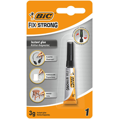 BIC Fix Strong Super Glue Adhesive - Instant Bonding for Plastic, Porcelain & Wood - 3g Tube
