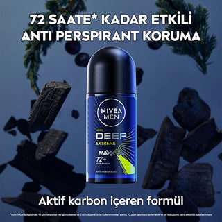 Nivea Men Deep Extreme Roll-on Deodorant for Active Men - Long Lasting Anti-Perspirant Protection, 72 Hours Sweat Control, Active Carbon Formula Nivea Men Deep Extreme Deodorant - 72 Hour Protection Nivea Men Deodorant, Roll-on Deodorant for Men, Long-lasting Anti-perspirant, Active Carbon Deodorant, Dermatologically Tested Deodorant, Men's Grooming, Personal Care, Anti-perspirant Deodorant, Sweat Control, Odor Protection, Active Lifestyle, Sports Deodorant, Sensitive Skin Friendly