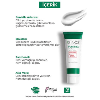 Sinoz Pure Cica Cream: Intensive Hydration & Repair - Soothing Centella Asiatica, Squalane & Aloe Vera -  Sensitive Skin Moisturizer, Post-Procedure Care Sinoz Cica Cream: Soothe & Repair Skin - Sensitive Skin Moisturizer Cica cream, Centella Asiatica cream, Soothing moisturizer, Repairing skin cream, Sensitive skin moisturizer, Post tattoo care cream, Post shave balm, Post laser treatment cream, Squalane moisturizer, Aloe vera face cream, facial moisturizer, dry skin, irritated skin, redness relief, skin b