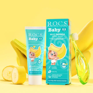 rocs baby toothpaste banana flavor packaging, rocs baby toothpaste banana puree in use ROCS Baby Toothpaste - Banana Flavor | 45g ROCS Baby Toothpaste - Banana Flavor 45g baby-toothpaste, rocs, banana-flavor, childrens-health, parents, baby-care, oral-hygiene, 0-3-years, gentle-formula, ai-generated