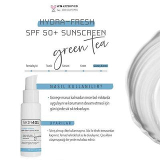 Skin401 SPF50+ Hydra-Fresh Sunscreen: Vegan, Cruelty-Free Sun Protection with Green Tea, Aloe & Hyaluronic Acid for All Skin Types - 50ml Skin401 SPF50+ Vegan Sunscreen - Hydrating & Cruelty-Free SPF50+ Sunscreen, Hydrating Sunscreen, Vegan Sunscreen, Green Tea Sunscreen, Sun protection for all skin types, Cruelty-free sunscreen, Moisturizing sunscreen, Facial Sunscreen, Aloe Vera Sunscreen, Hyaluronic Acid Sunscreen, Sunscreen, SPF 50+, Hydra-Fresh, Green Tea Extract, Aloe Vera, Hyaluronic Acid, Panthenol,