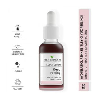 Herbaderm Deep Red Exfoliating Facial Serum: Glycolic & Salicylic Acid Peel for Acne, Dark Spots, & Brighter Skin - 1 fl oz Herbaderm Red Peel Serum: Exfoliate Acne & Brighten Skin facial serum, chemical peel, red peeling serum, glycolic acid serum, salicylic acid serum, exfoliating serum, acne treatment, skin brightening serum, dark spot treatment, skin tone serum, exfoliation, radiance, glycolic acid, lactic acid, salicylic acid, mandelic acid, red algae extract, skin texture, acne, blackheads, dark spots