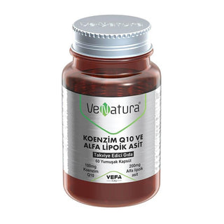venatura coenzyme q10 and alpha lipoic acid capsules in bottle, close up of venatura supplement capsules VeNatura Coenzyme Q10 & Alpha Lipoic Acid - 60 Capsules VeNatura Coenzyme Q10 & Alpha Lipoic Acid - 60 Capsules venatura, coenzyme-q10, alpha-lipoic-acid, dietary-supplement, health-and-wellness, antioxidants, wellness-capsules, adult-supplements, soft-capsules, ai-generated