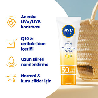 Nivea Sun SPF 50+ Anti-Aging Q10 Facial Sunscreen: Daily Sun Protection for Wrinkles & Dark Spots, Broad Spectrum UVA/UVB Defense Nivea Sun SPF 50+ Facial Sunscreen - Anti-Aging & Dark Spot Defense SPF50 facial sunscreen, anti-aging sunscreen, sunscreen for face, sun protection for face, Q10 sunscreen, sunscreen for wrinkles, sunscreen for dark spots, broad spectrum sunscreen, water resistant sunscreen, daily sunscreen, facial sunscreen, sun protection, anti-aging, wrinkles, dark spots, UVA protection, UVB 