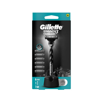 Gillette Mach3 Charcoal Shaving Razor Kit with 6 Replacement Blades - Close Shave, Reduced Irritation, Men's Grooming