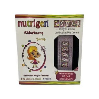 nutrigen elderberry syrup packaging, anti-aging cream included in gift pack Nutrigen Elderberry Syrup 200 ml + Anti-Aging Cream Gift Pack Nutrigen Elderberry Syrup + Anti-Aging Cream Set nutrigen, elderberry-syrup, anti-aging-cream, immune-support, children-health, vitamins, gift-pack, caregivers, parents, ai-generated