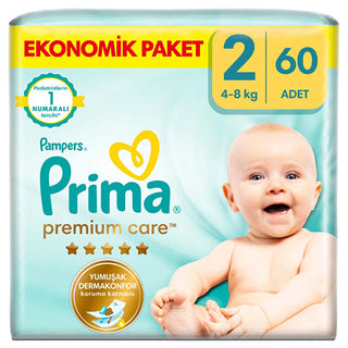 Prima Pampers Baby Diapers Premium Care Size 2 - 60 Count, Ultra Soft & Dermatologically Tested Prima Pampers Premium Care Diapers Size 2 - Comfort & Protection baby diapers, disposable diapers, Premium Care diapers, Pampers diapers, dermatologically tested diapers, size 2 diapers, 60 count diapers, ultra soft diapers, leak protection diapers, baby care products, newborn essentials, baby comfort, skin health