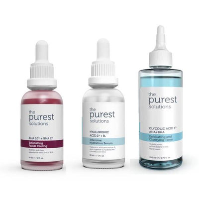 The Purest Solutions Blackhead & Pore Minimizing Skincare Set: AHA BHA Peeling, Hyaluronic Acid Serum, Glycolic Toner - 