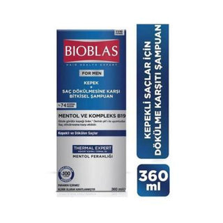 bioblas thermal expert men shampoo bottle, bioblas menthol and zinc formula for hair care Bioblas Thermal Expert Men Shampoo - Anti-Hair Loss & Dandruff | 360 ml Bioblas Thermal Expert Men Shampoo - 360 ml bioblas, men-shampoo, anti-hair-loss, dandruff-control, zinc, menthol, hair-care, scalp-treatment, refreshing-shampoo, ai-generated