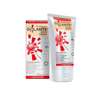 solante acnes tinted sunscreen 150ml front view, solante acnes tinted sunscreen 150ml texture close up, solante acnes tinted sunscreen 150ml packaging back view Solante Acnes Tinted Sunscreen SPF 50+ - 150ml Solante Acnes Tinted Sunscreen SPF 50+ - 150ml solante, sunscreen, acne-prone, spf50, tinted, moisturizing, oil-free, hypoallergenic, fragrance-free, ai-generated