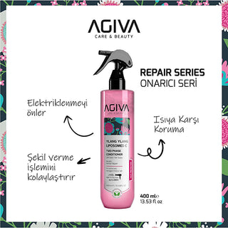 Agiva Ylang Ylang Keratin Hair Repair & Heat Protectant Spray | Detangling, Styling & Damaged Hair Treatment - 13.53 fl oz Agiva Ylang Ylang Keratin Hair Repair Spray | Heat Protection hair repair spray, keratin hair treatment, heat protectant spray, detangling hair spray, ylang ylang hair product, hair styling spray, damaged hair treatment, fön suyu, hair care, leave-in hair conditioner, hair treatment, hair spray, hair detangler, heat protection, styling spray, ylang ylang, herbal keratin, two-phase formu