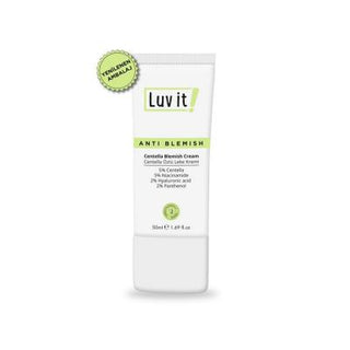 centella blemish repair cream in 50 ml tube, application of Luv It! Centella Blemish Repair Cream Luv It! Centella Blemish Repair Cream - 50 ml Luv It! Centella Blemish Repair Cream - 50 ml centella-blemish-repair, skin-care, beauty, niacinamide, hyaluronic-acid, blemish-reduction, moisturizer, natural-ingredients, hydrating-cream, ai-generated