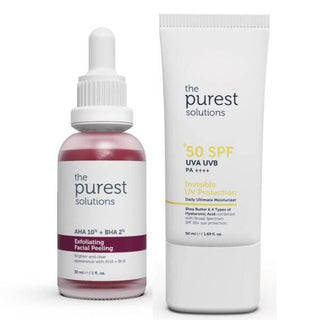 The Purest Solutions Exfloating Facial Peeling Serum, The Purest Solutions SPF 50 Invisible UV Protection The Purest Solutions Exfloating Facial Peeling Serum + SPF 50 Set The Purest Solutions Peeling Serum & SPF 50 Set exfloating-facial-peeling, spf-50-sunscreen, daily-moisturizer, skincare-set, aha-bha-serum, uv-protection, anti-aging, adult-skincare, hydrating, ai-generated