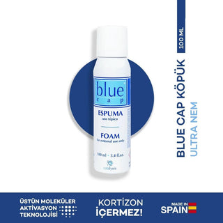 blue cap foam bottle, blue cap foam 100 ml packaging, blue cap foam application on skin Blue Cap Foam - Ultra Hydrating Solution | 100 ml Blue Cap Foam 100 ml - Ultra Hydrating Solution blue-cap, foam, dry-skin, hydrating-solution, dermatological-issues, moisturizer, skin-care, cortisol-free, ai-generated, 100ml