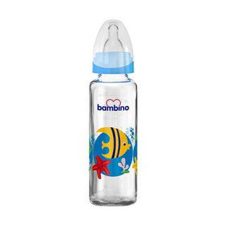 Bambino Glass Baby Bottle 225ml 0+ Month - Blue - Bird Pattern