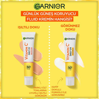 garnier c vitamin bright daily sunscreen fluid in 40ml, garnier sunscreen showing texture and packaging Garnier C Vitamin Bright Daily Sunscreen Fluid - SPF50 | 40ml Garnier C Vitamin Bright Daily Sunscreen SPF50 - 40ml garnier, c-vitamin, sunscreen, spf50, daily-skincare, skin-care, vegan, uv-protection, brightening, ai-generated
